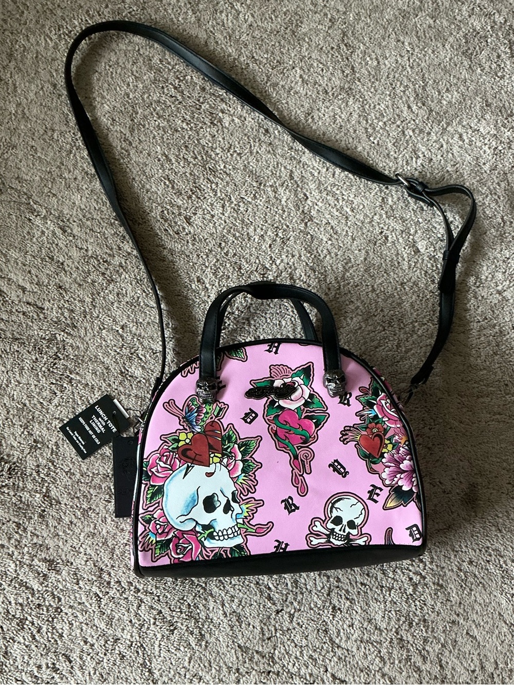 Ed Hardy Pink Thermal Lining Lunch Tote Skulls And Butterfly Design NWT